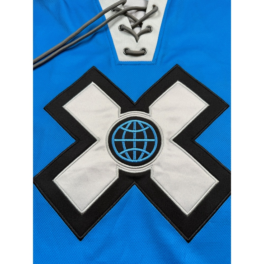 X Games Aspen 2025 Hooded Hockey Jersey Blue Black Lace Up Men M Embroidered - Picture 7 of 16